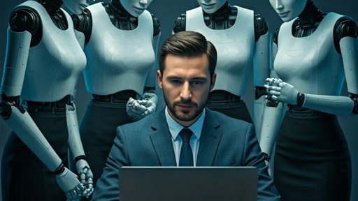 Four,Ai,Robot,Secretaries,Are,Looking,At,A,Laptop,Together